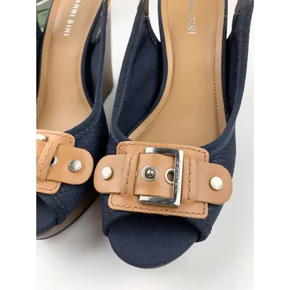 Gianni Bini Platform Wedge Heel Sandals Blue Tan Peep Toe Slingback Women's 8.5 - Picture 3 of 10